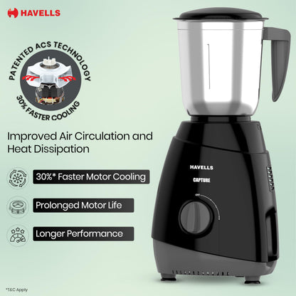 Havells Capture 500 Watts 3 Jar Mixer Grinder|High Speed Mixie 21000 RPM Motor|Rust Resistant 304SS Blades| 1.5 Ltr Bigger Size Blending Jar| 1 Yr Manufacturer Warranty | Overheat Protection (Black) 