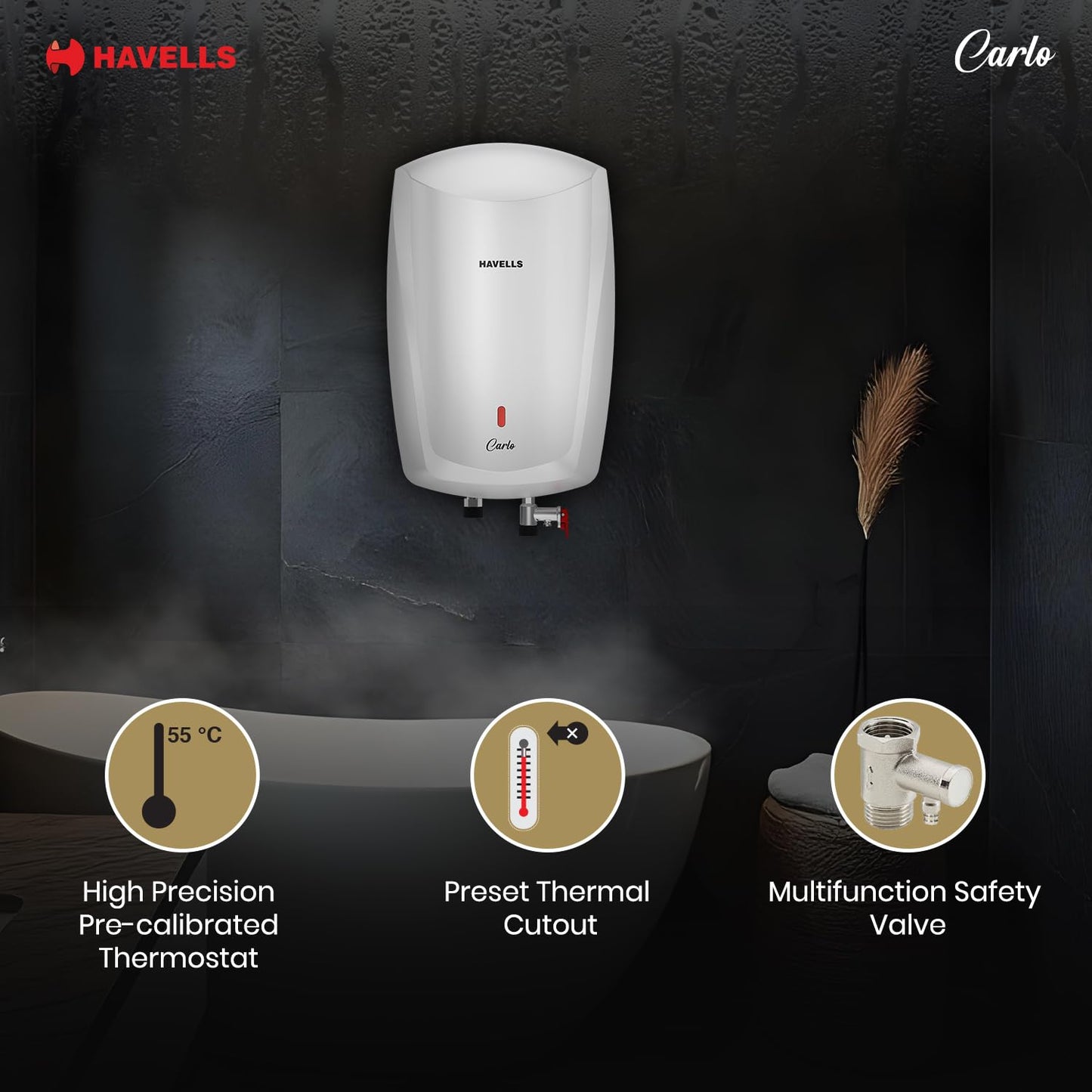 Havells Carlo 5 Litre Instant Water Heater | Color Changing LED Indicator, Rust and shock proof, ISI Certified | Fire retardant power cord; Warranty: 5 Yr on inner tank & 2 Yr comprehensive | (White) 