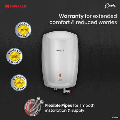Havells Carlo 5 Litre Instant Water Heater | Color Changing LED Indicator, Rust and shock proof, ISI Certified | Fire retardant power cord; Warranty: 5 Yr on inner tank & 2 Yr comprehensive | (White) 