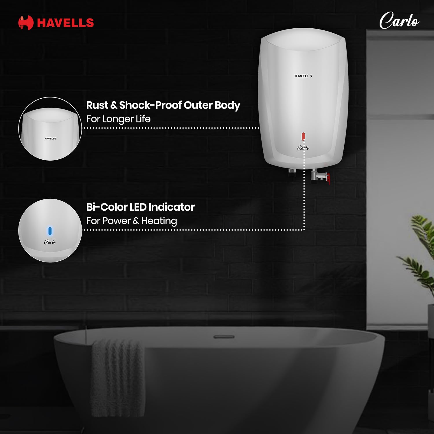 Havells Carlo 5 Litre Instant Water Heater | Color Changing LED Indicator, Rust and shock proof, ISI Certified | Fire retardant power cord; Warranty: 5 Yr on inner tank & 2 Yr comprehensive | (White) 