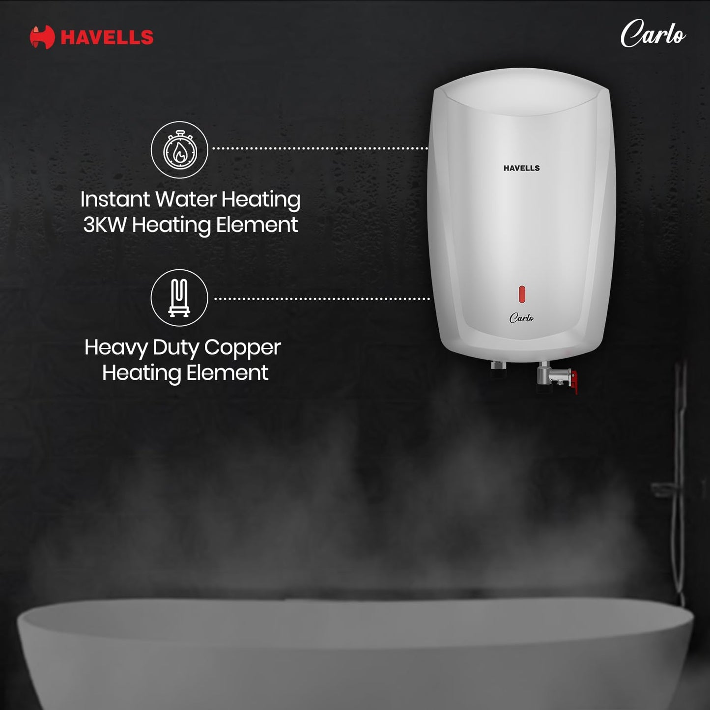 Havells Carlo 5 Litre Instant Water Heater | Color Changing LED Indicator, Rust and shock proof, ISI Certified | Fire retardant power cord; Warranty: 5 Yr on inner tank & 2 Yr comprehensive | (White) 
