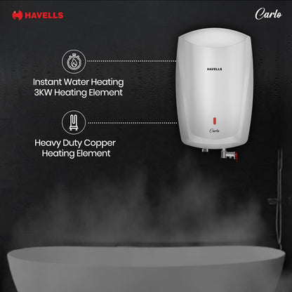 Havells Carlo 5 Litre Instant Water Heater | Color Changing LED Indicator, Rust and shock proof, ISI Certified | Fire retardant power cord; Warranty: 5 Yr on inner tank & 2 Yr comprehensive | (White) 