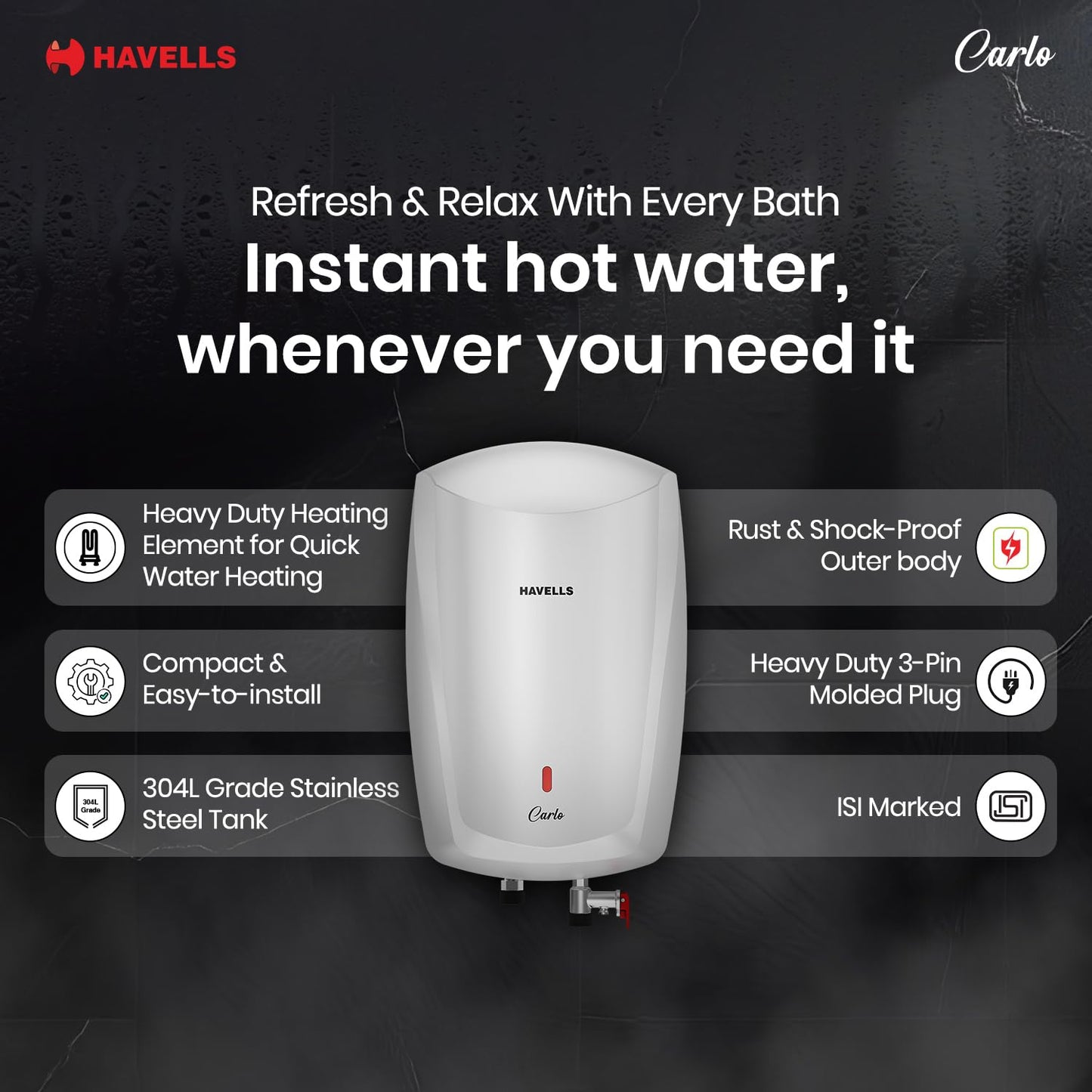 Havells Carlo 5 Litre Instant Water Heater | Color Changing LED Indicator, Rust and shock proof, ISI Certified | Fire retardant power cord; Warranty: 5 Yr on inner tank & 2 Yr comprehensive | (White) 