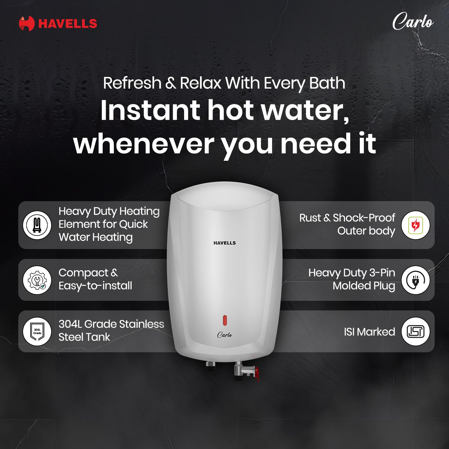 Havells Carlo 5 Litre Instant Water Heater | Color Changing LED Indicator, Rust and shock proof, ISI Certified | Fire retardant power cord; Warranty: 5 Yr on inner tank & 2 Yr comprehensive | (White) 