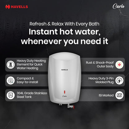 Havells Carlo 5 Litre Instant Water Heater | Color Changing LED Indicator, Rust and shock proof, ISI Certified | Fire retardant power cord; Warranty: 5 Yr on inner tank & 2 Yr comprehensive | (White) 