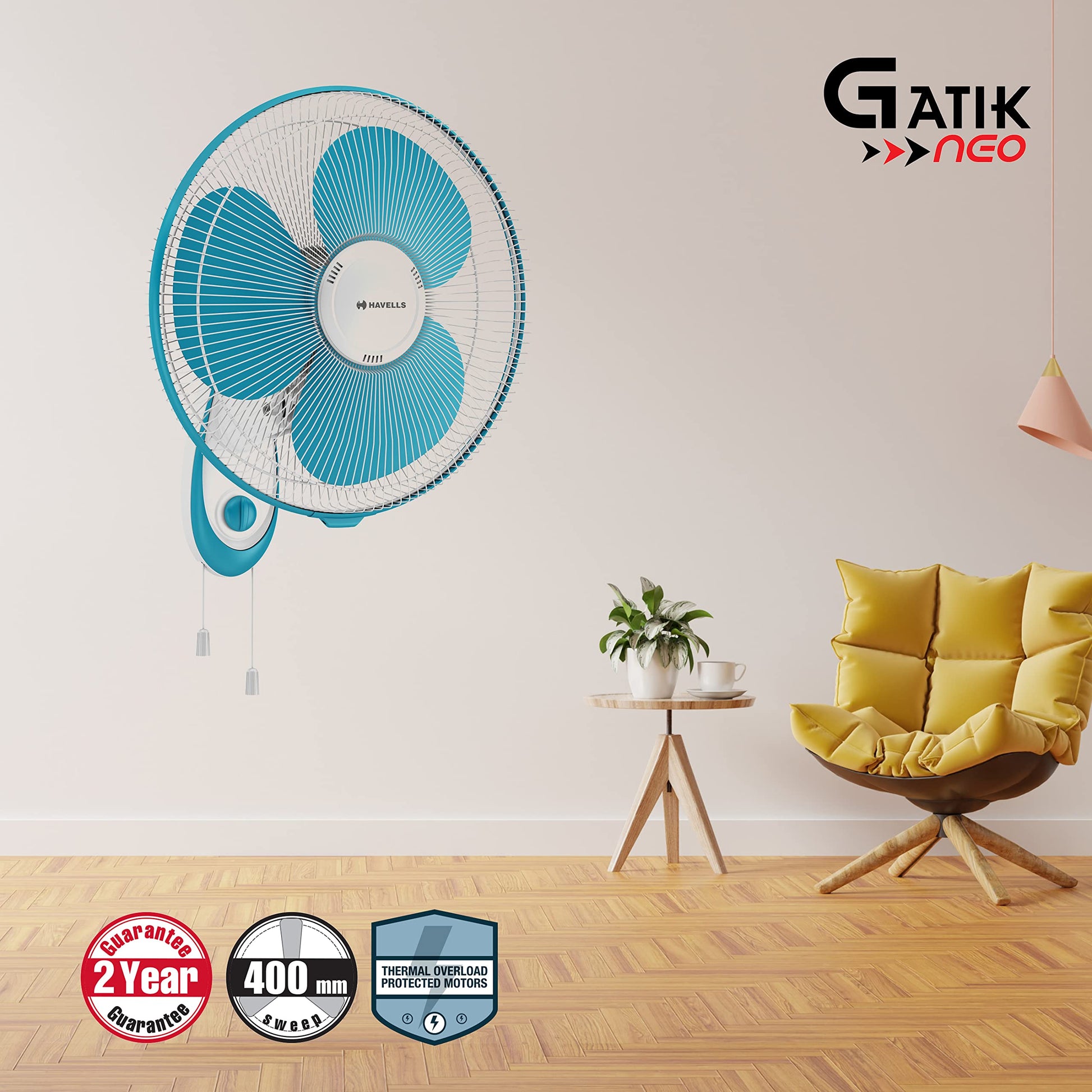 Havells Gatik Neo 400mm Wall Mounted Fan | High-Performance, Wall Fan for Kitchen & Home, Smooth Oscillation, 100% Copper Motor | 3-Speed Control, 2-Year Warranty | (Pack of 1, White Blue) 