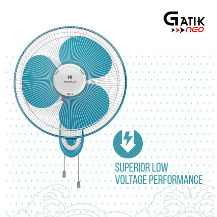 Havells Gatik Neo 400mm Wall Mounted Fan | High-Performance, Wall Fan for Kitchen & Home, Smooth Oscillation, 100% Copper Motor | 3-Speed Control, 2-Year Warranty | (Pack of 1, White Blue) 