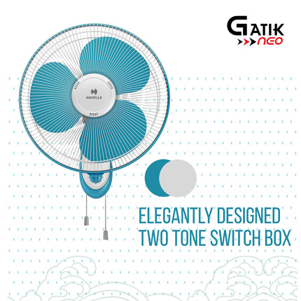 Havells Gatik Neo 400mm Wall Mounted Fan | High-Performance, Wall Fan for Kitchen & Home, Smooth Oscillation, 100% Copper Motor | 3-Speed Control, 2-Year Warranty | (Pack of 1, White Blue) 