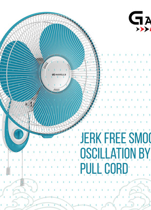 Havells Gatik Neo 400mm Wall Mounted Fan | High-Performance, Wall Fan for Kitchen & Home, Smooth Oscillation, 100% Copper Motor | 3-Speed Control, 2-Year Warranty | (Pack of 1, White Blue) 