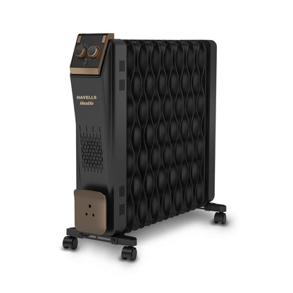 Havells Hestio 15 Wave Fin OFR (Oil Filled Radiator)|Room Heater|2900 W|3 Heat Settings & PTC Fan Heater|Inclined Control Panel|Retractable Wheels| Comfortable Breathing|360° Heating (Black) 