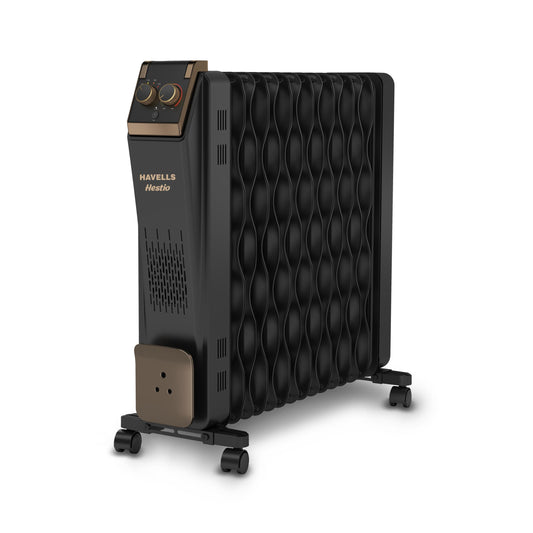 Havells Hestio 15 Wave Fin OFR (Oil Filled Radiator)|Room Heater|2900 W|3 Heat Settings & PTC Fan Heater|Inclined Control Panel|Retractable Wheels| Comfortable Breathing|360° Heating (Black) 
