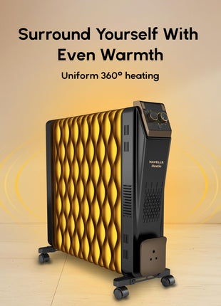 Havells Hestio 15 Wave Fin OFR (Oil Filled Radiator)|Room Heater|2900 W|3 Heat Settings & PTC Fan Heater|Inclined Control Panel|Retractable Wheels| Comfortable Breathing|360° Heating (Black) 