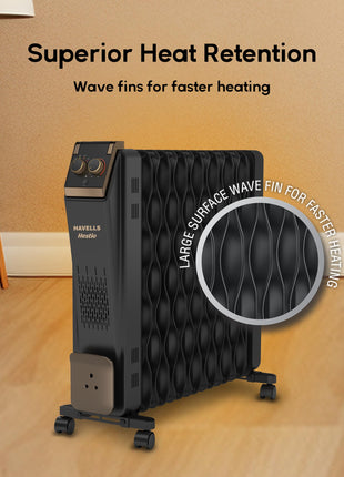Havells Hestio 15 Wave Fin OFR (Oil Filled Radiator)|Room Heater|2900 W|3 Heat Settings & PTC Fan Heater|Inclined Control Panel|Retractable Wheels| Comfortable Breathing|360° Heating (Black) 