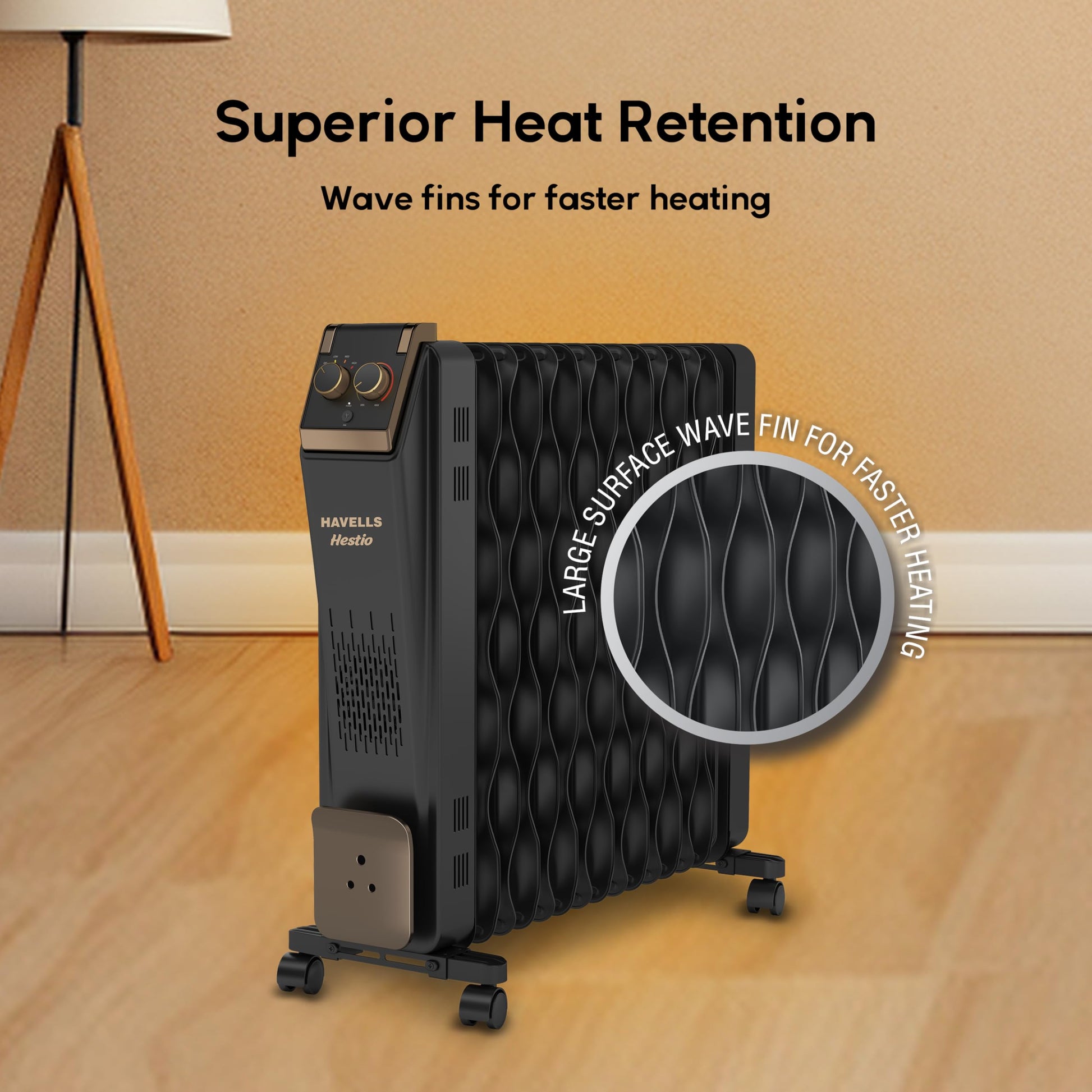 Havells Hestio 15 Wave Fin OFR (Oil Filled Radiator)|Room Heater|2900 W|3 Heat Settings & PTC Fan Heater|Inclined Control Panel|Retractable Wheels| Comfortable Breathing|360° Heating (Black) 