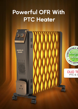 Havells Hestio 15 Wave Fin OFR (Oil Filled Radiator)|Room Heater|2900 W|3 Heat Settings & PTC Fan Heater|Inclined Control Panel|Retractable Wheels| Comfortable Breathing|360° Heating (Black) 