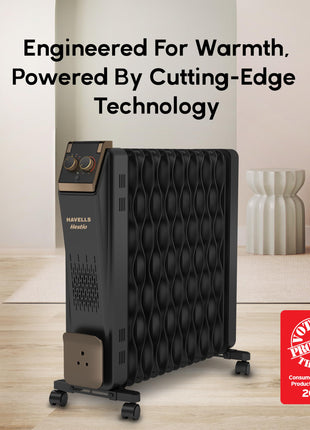 Havells Hestio 15 Wave Fin OFR (Oil Filled Radiator)|Room Heater|2900 W|3 Heat Settings & PTC Fan Heater|Inclined Control Panel|Retractable Wheels| Comfortable Breathing|360° Heating (Black) 