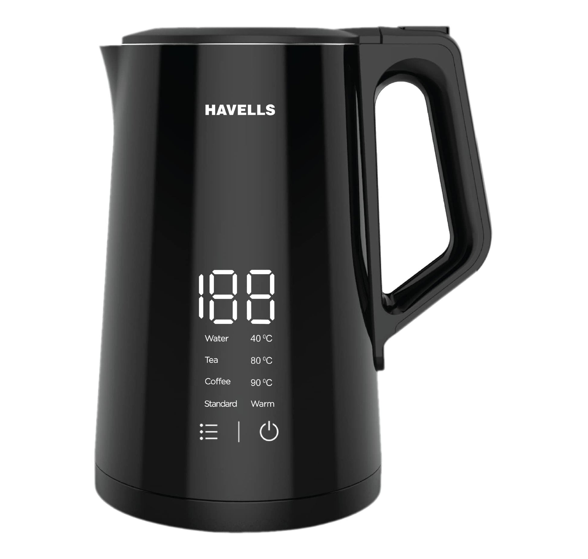 Havells I-Conic 1.5 Litre Digi Kettle with double wall and 304 stainless steel tank (Black), 1600 Watts 