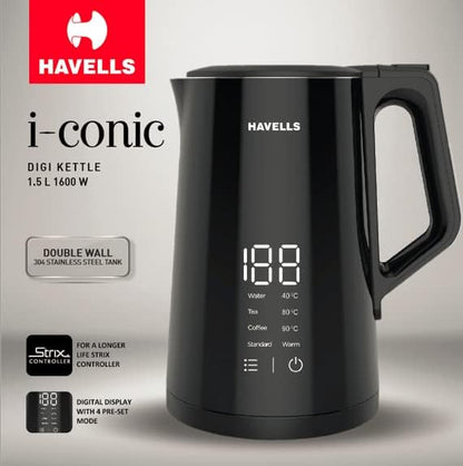 Havells I-Conic 1.5 Litre Digi Kettle with double wall and 304 stainless steel tank (Black), 1600 Watts 