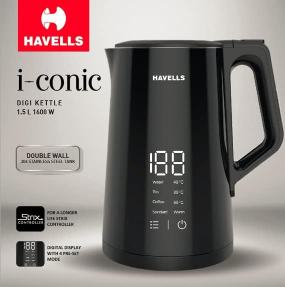 Havells I-Conic 1.5 Litre Digi Kettle with double wall and 304 stainless steel tank (Black), 1600 Watts 