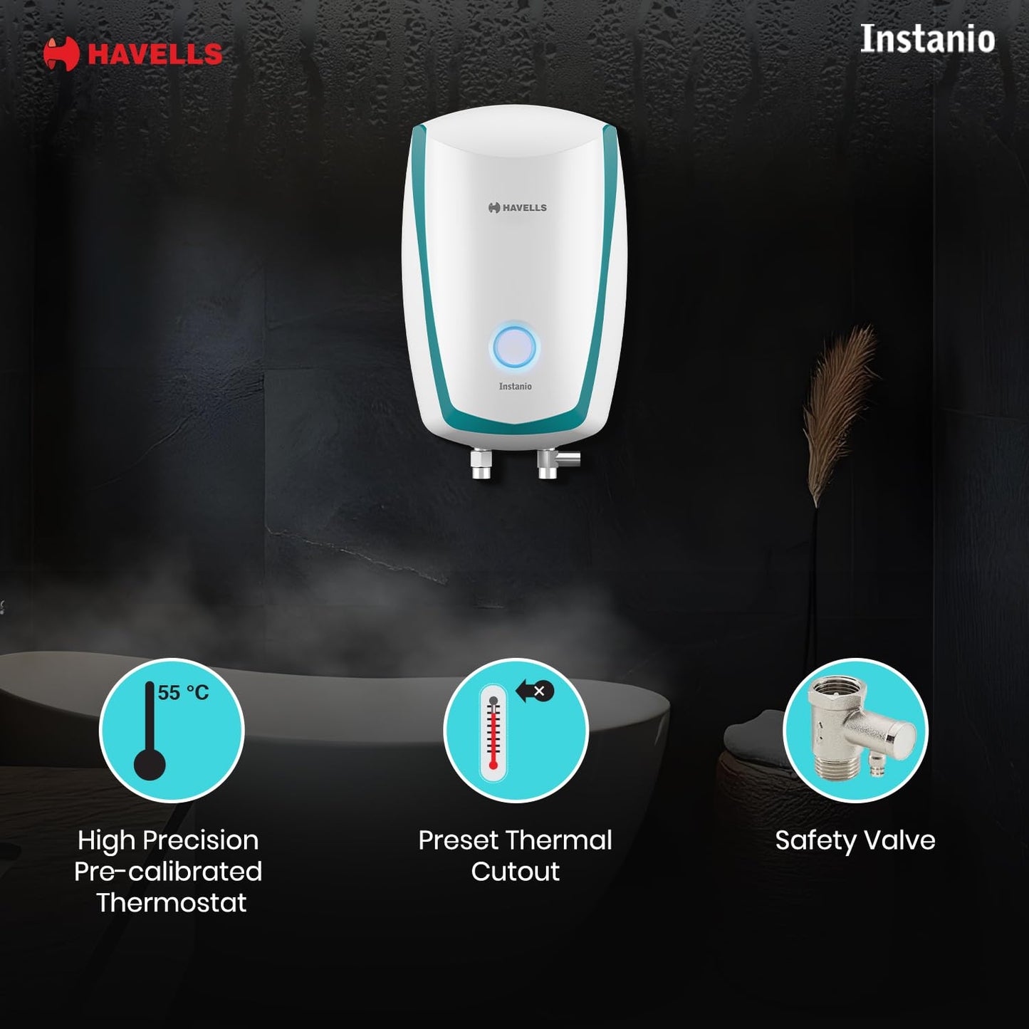 Havells Instanio 3L Instant Water Heater(Geyser)| Temp. Sensing LED Indicator| Rust & Shock Proof Body| ISI Marked|With Flexible Pipes|Warranty: 5 year on Inner Tank| High Rise Compatible (White Blue) 