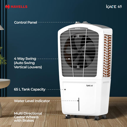 Havells Kace 65 L Desert Air Cooler for Home| Powerful Air-Delivery|Bacteria Shield Honeycomb Pads Technology |XXL Ice Chamber| Ice Chill Drip Technology | Inverter compatible|Front wheels with brakes 