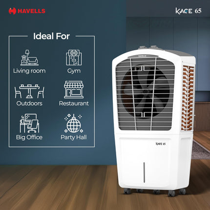Havells Kace 65 L Desert Air Cooler for Home| Powerful Air-Delivery|Bacteria Shield Honeycomb Pads Technology |XXL Ice Chamber| Ice Chill Drip Technology | Inverter compatible|Front wheels with brakes 