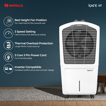 Havells Kace 65 L Desert Air Cooler for Home| Powerful Air-Delivery|Bacteria Shield Honeycomb Pads Technology |XXL Ice Chamber| Ice Chill Drip Technology | Inverter compatible|Front wheels with brakes 