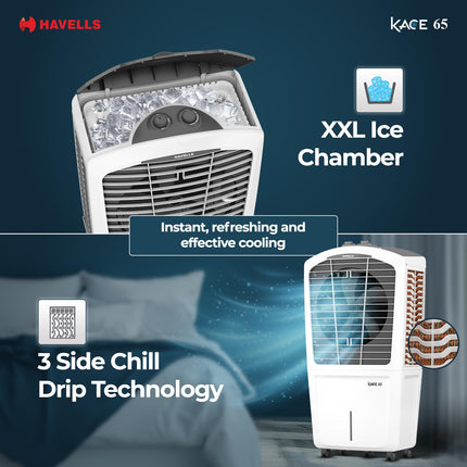 Havells Kace 65 L Desert Air Cooler for Home| Powerful Air-Delivery|Bacteria Shield Honeycomb Pads Technology |XXL Ice Chamber| Ice Chill Drip Technology | Inverter compatible|Front wheels with brakes 