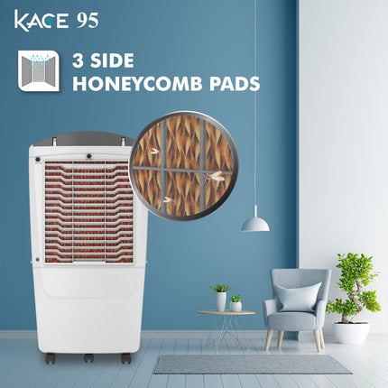 Havells Kace 95L Desert Air Cooler for home | Powerful Air Delivery | High Density Honeycomb Pads | Ice Chill Drip Technology, Ice Chamber | Bacteria Shield | Heavy Duty (White/Blue) 