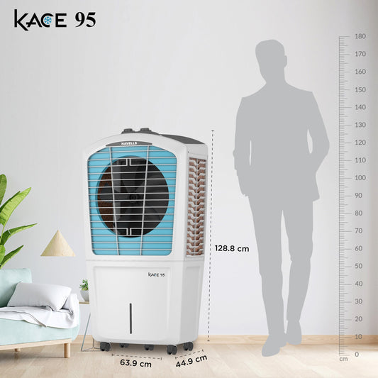 Havells Kace 95L Desert Air Cooler for home | Powerful Air Delivery | High Density Honeycomb Pads | Ice Chill Drip Technology, Ice Chamber | Bacteria Shield | Heavy Duty (White/Blue) 