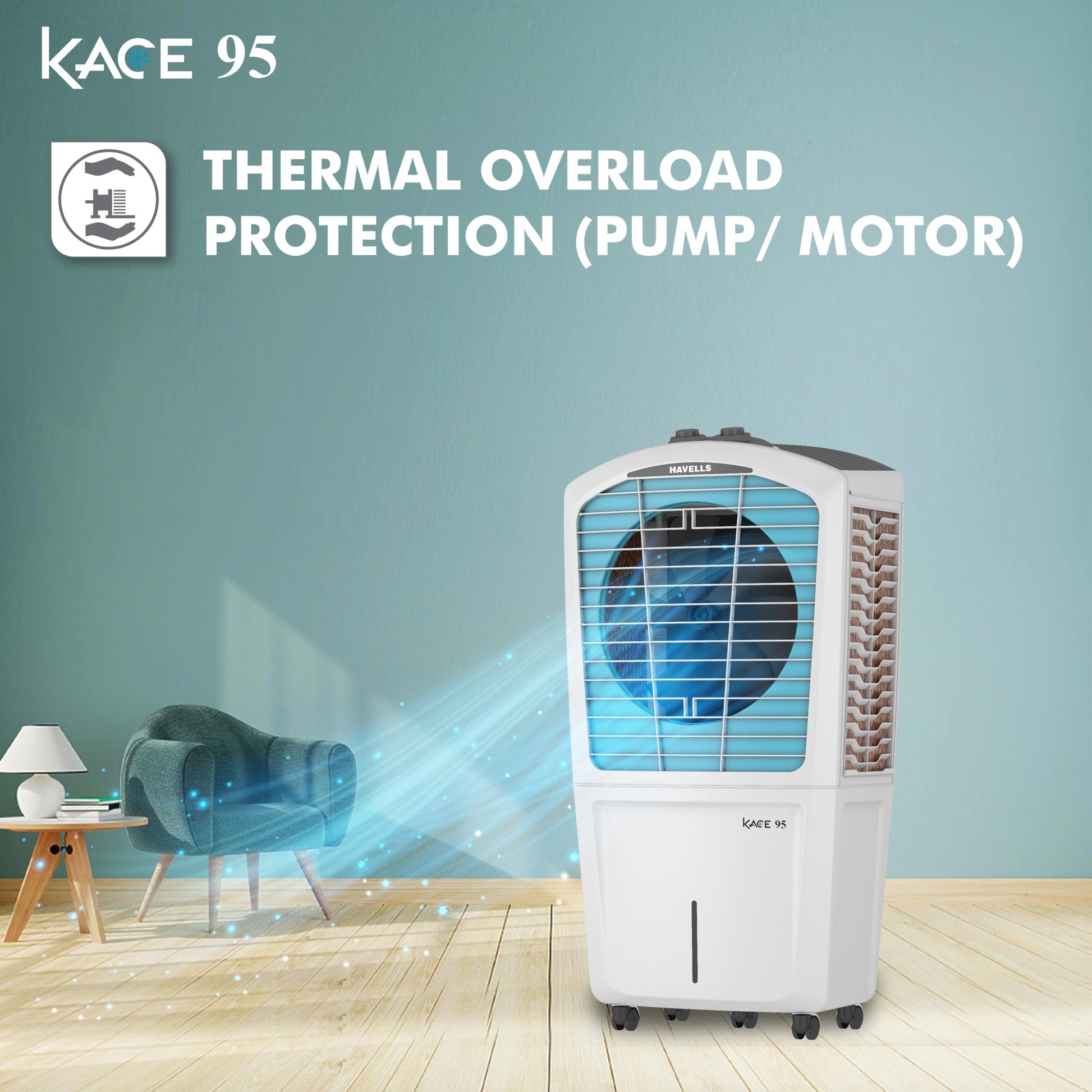Havells Kace 95L Desert Air Cooler for home | Powerful Air Delivery | High Density Honeycomb Pads | Ice Chill Drip Technology, Ice Chamber | Bacteria Shield | Heavy Duty (White/Blue) 