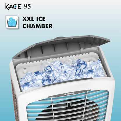 Havells Kace 95L Desert Air Cooler for home | Powerful Air Delivery | High Density Honeycomb Pads | Ice Chill Drip Technology, Ice Chamber | Bacteria Shield | Heavy Duty (White/Blue) 