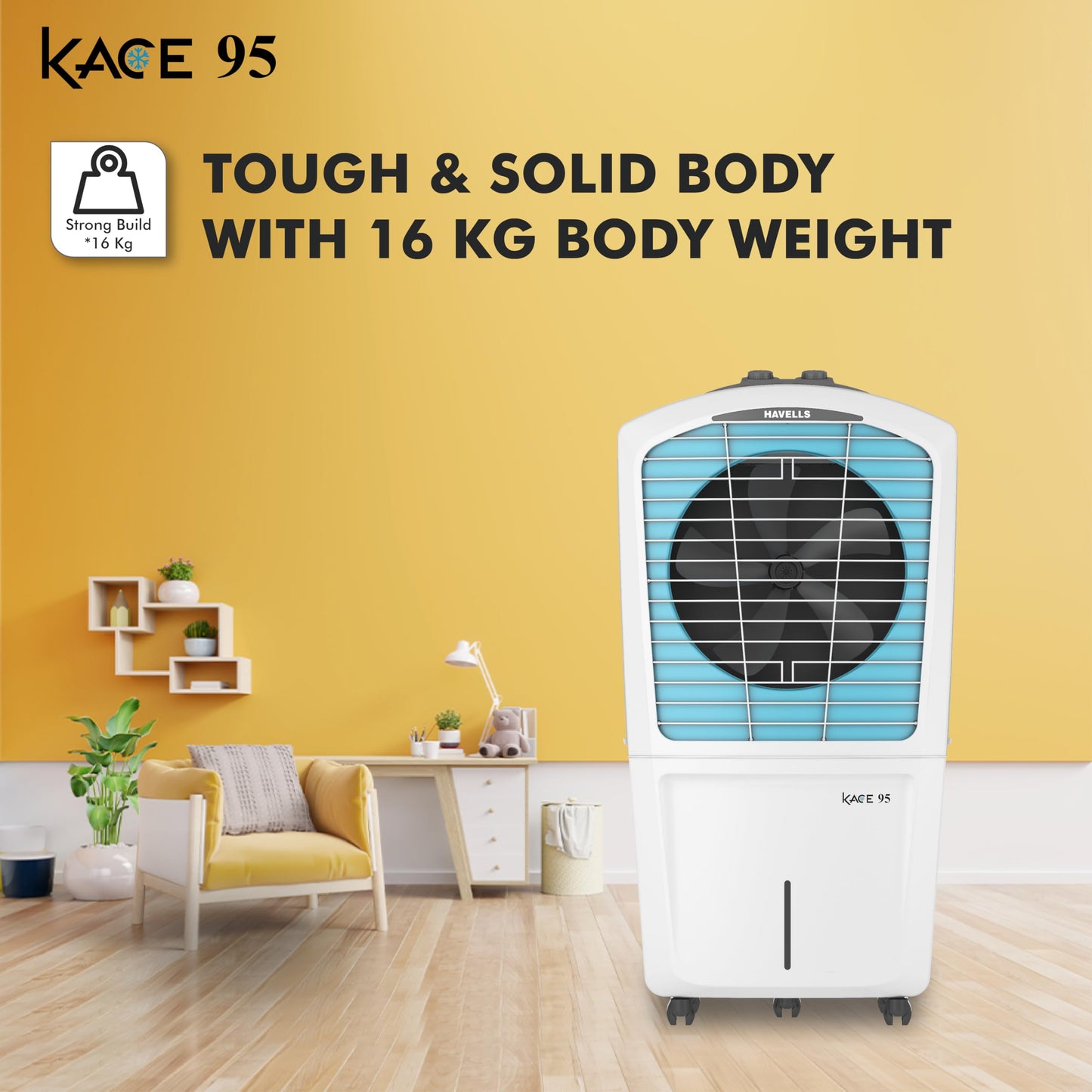 Havells Kace 95L Desert Air Cooler for home | Powerful Air Delivery | High Density Honeycomb Pads | Ice Chill Drip Technology, Ice Chamber | Bacteria Shield | Heavy Duty (White/Blue) 