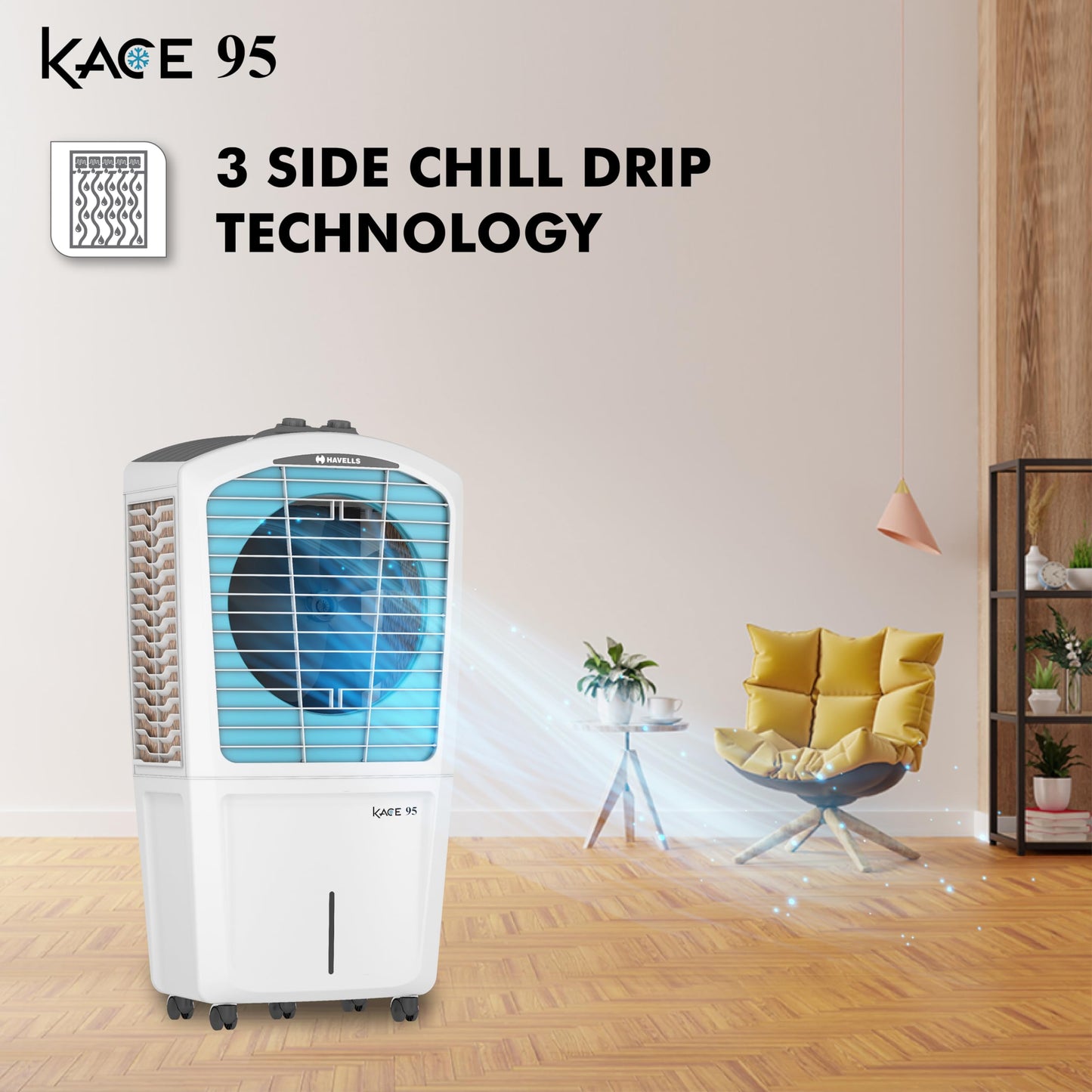 Havells Kace 95L Desert Air Cooler for home | Powerful Air Delivery | High Density Honeycomb Pads | Ice Chill Drip Technology, Ice Chamber | Bacteria Shield | Heavy Duty (White/Blue) 