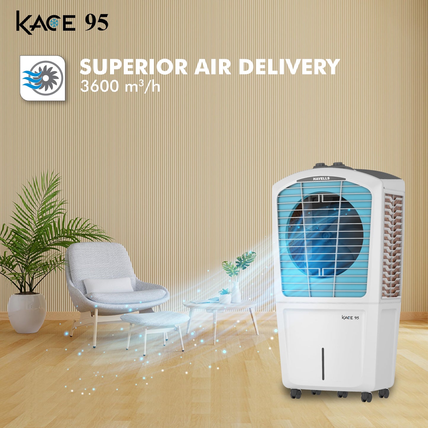 Havells Kace 95L Desert Air Cooler for home | Powerful Air Delivery | High Density Honeycomb Pads | Ice Chill Drip Technology, Ice Chamber | Bacteria Shield | Heavy Duty (White/Blue) 