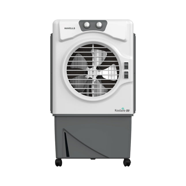 Havells Koolaire 80L Desert Air Cooler for home | Powerful Air Delivery | Everlast Pump | 5 Leaf Metal Blade Fan | Bacteria Shield High Density Honeycomb Pads | Heavy Duty (White/Grey) 