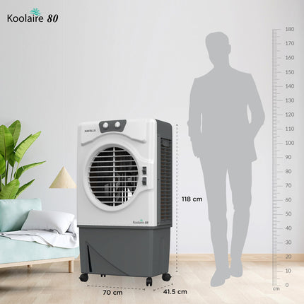 Havells Koolaire 80L Desert Air Cooler for home | Powerful Air Delivery | Everlast Pump | 5 Leaf Metal Blade Fan | Bacteria Shield High Density Honeycomb Pads | Heavy Duty (White/Grey) 