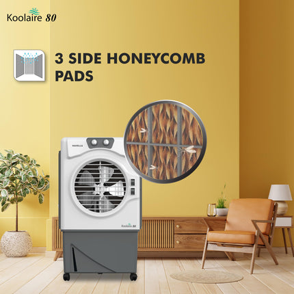 Havells Koolaire 80L Desert Air Cooler for home | Powerful Air Delivery | Everlast Pump | 5 Leaf Metal Blade Fan | Bacteria Shield High Density Honeycomb Pads | Heavy Duty (White/Grey) 