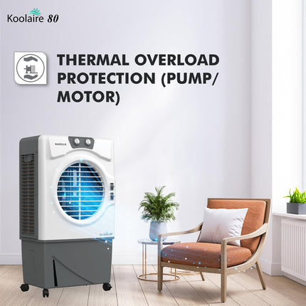 Havells Koolaire 80L Desert Air Cooler for home | Powerful Air Delivery | Everlast Pump | 5 Leaf Metal Blade Fan | Bacteria Shield High Density Honeycomb Pads | Heavy Duty (White/Grey) 