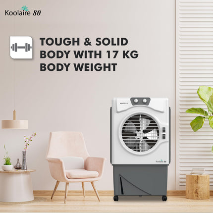 Havells Koolaire 80L Desert Air Cooler for home | Powerful Air Delivery | Everlast Pump | 5 Leaf Metal Blade Fan | Bacteria Shield High Density Honeycomb Pads | Heavy Duty (White/Grey) 