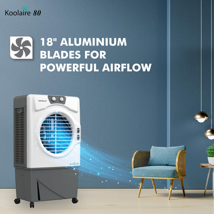 Havells Koolaire 80L Desert Air Cooler for home | Powerful Air Delivery | Everlast Pump | 5 Leaf Metal Blade Fan | Bacteria Shield High Density Honeycomb Pads | Heavy Duty (White/Grey) 