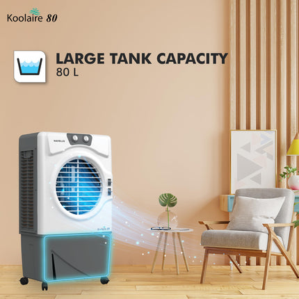 Havells Koolaire 80L Desert Air Cooler for home | Powerful Air Delivery | Everlast Pump | 5 Leaf Metal Blade Fan | Bacteria Shield High Density Honeycomb Pads | Heavy Duty (White/Grey) 