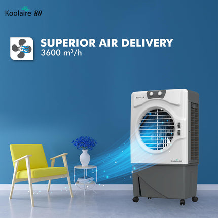 Havells Koolaire 80L Desert Air Cooler for home | Powerful Air Delivery | Everlast Pump | 5 Leaf Metal Blade Fan | Bacteria Shield High Density Honeycomb Pads | Heavy Duty (White/Grey) 