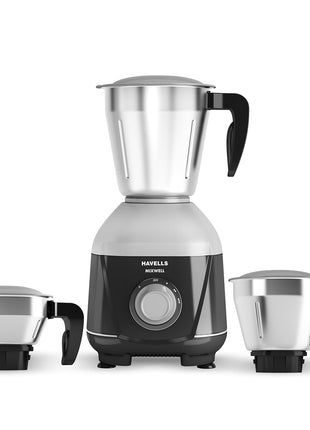 Havells MIXWELL 500 W 3 Jar Mixer Grinder, 304 SS Blades I High Speed 21000 RPM Motor, Heavy and Wider mouth SS Jars, All Jars with Handle (Black and Grey) 