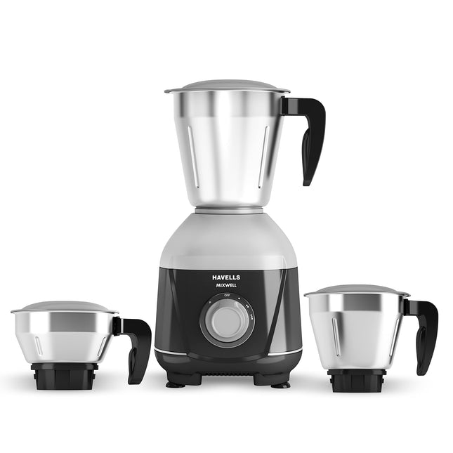 Havells MIXWELL 500 W 3 Jar Mixer Grinder, 304 SS Blades I High Speed 21000 RPM Motor, Heavy and Wider mouth SS Jars, All Jars with Handle (Black and Grey) 