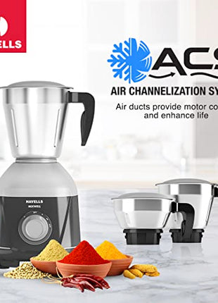 Havells MIXWELL 500 W 3 Jar Mixer Grinder, 304 SS Blades I High Speed 21000 RPM Motor, Heavy and Wider mouth SS Jars, All Jars with Handle (Black and Grey) 