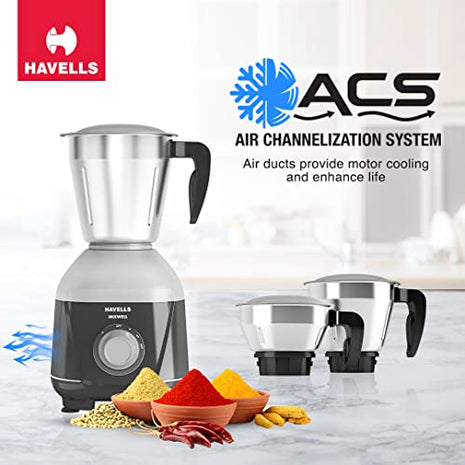 Havells MIXWELL 500 W 3 Jar Mixer Grinder, 304 SS Blades I High Speed 21000 RPM Motor, Heavy and Wider mouth SS Jars, All Jars with Handle (Black and Grey) 
