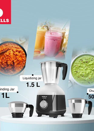 Havells MIXWELL 500 W 3 Jar Mixer Grinder, 304 SS Blades I High Speed 21000 RPM Motor, Heavy and Wider mouth SS Jars, All Jars with Handle (Black and Grey) 