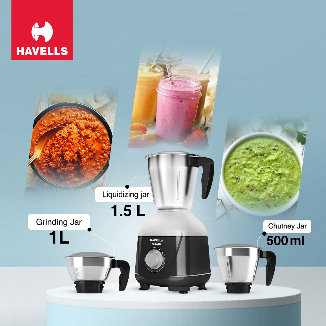 Havells MIXWELL 500 W 3 Jar Mixer Grinder, 304 SS Blades I High Speed 21000 RPM Motor, Heavy and Wider mouth SS Jars, All Jars with Handle (Black and Grey) 