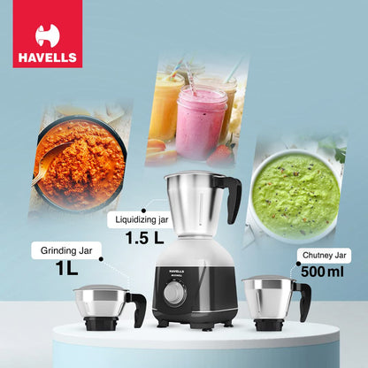 Havells MIXWELL 500 W 3 Jar Mixer Grinder, 304 SS Blades I High Speed 21000 RPM Motor, Heavy and Wider mouth SS Jars, All Jars with Handle (Black and Grey) 